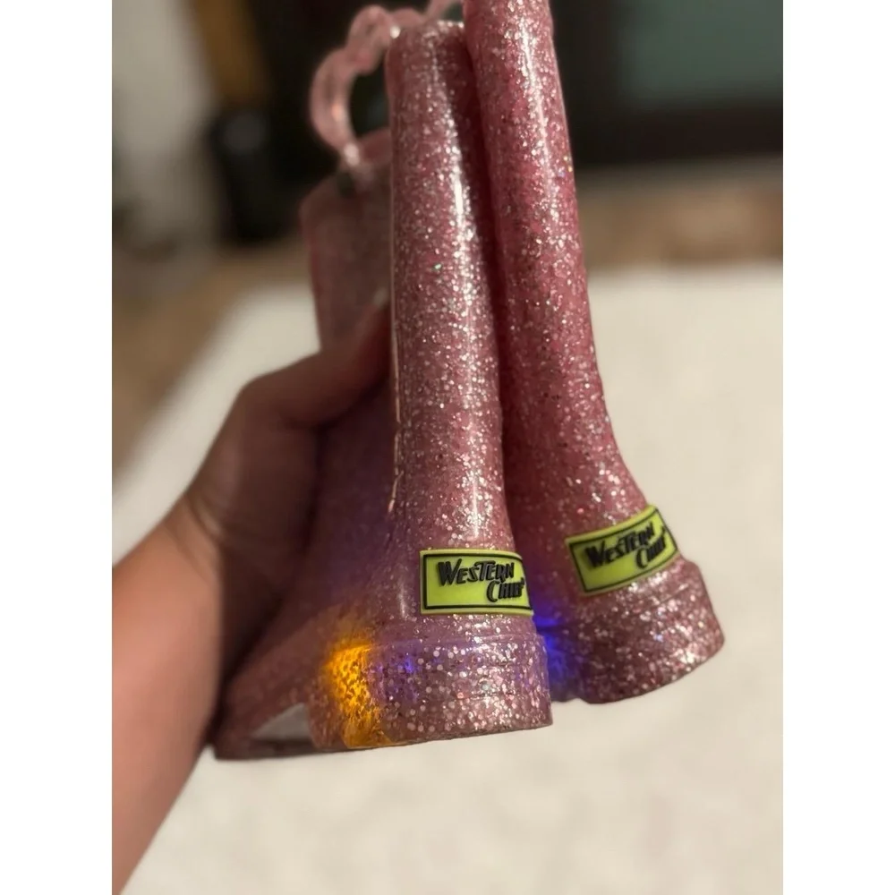 Western Chief Rain Boots Girls Pink Glitter Light Up Heart Handle Waterproof Fun